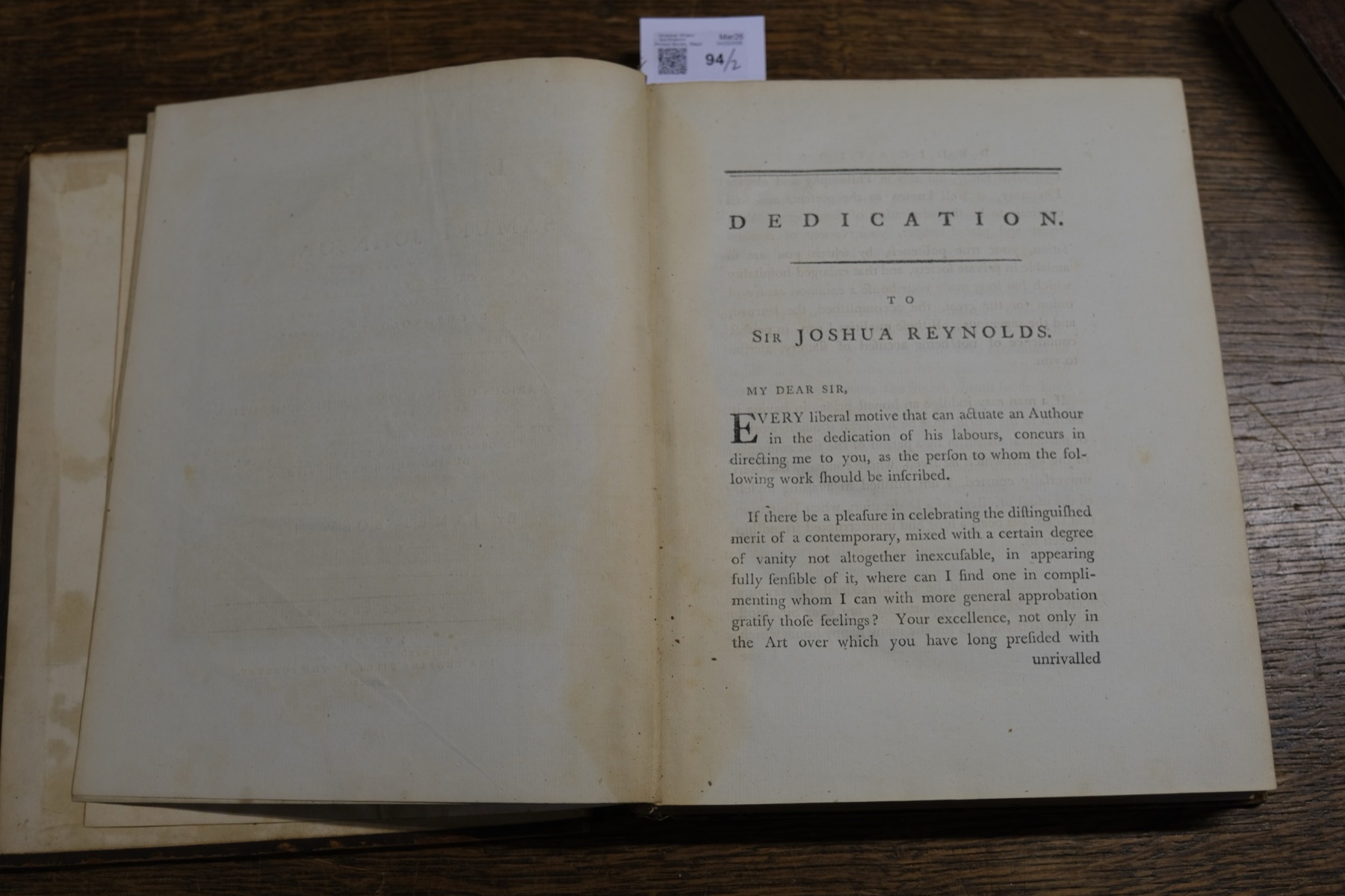 The dedication — to Sir Joshua Reynolds, who painted the portrait opposite it